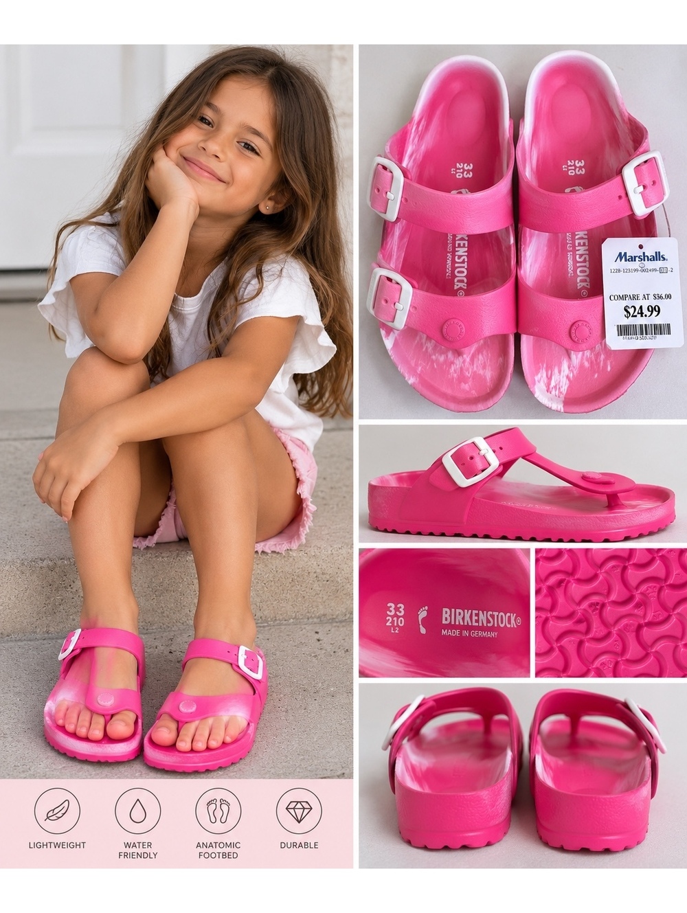 Birkenstock Arizona EVA Kids Sandals Pink White Marble Size 33 / US 2